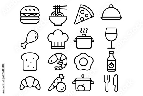 Food and cuisine outline icon set. Cooking and dining line icons. Restaurant menu vector symbols. Fast food, meal pictogram. Burger, pizza, noodles, chicken, chef hat, wine.