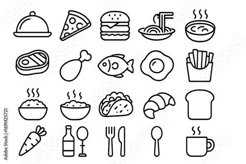 Food and cuisine outline icon set. Delicious meal, cooking, and dining line icons. Vector collection for restaurant menu, fast food, and grocery app. Simple linear symbols.