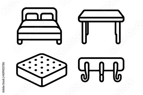Furniture outline icon set. Simple linear home interior elements. Vector icons of bed, table, mattress, coat hook. Minimalist pictogram for web, app, ui, ux design.