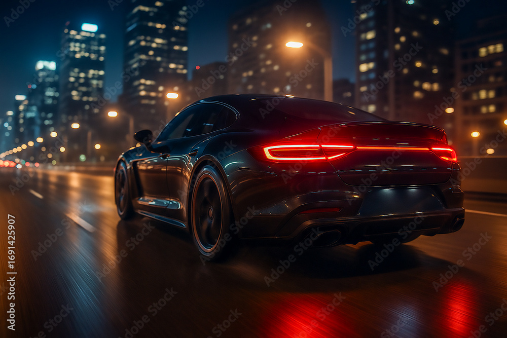 Fototapeta premium Car Driving Fast on Wet City Road at Night