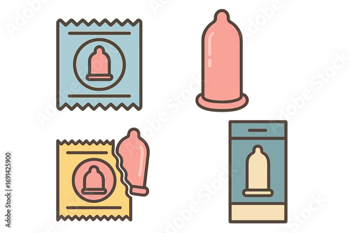 Vector condom icon set for safe sex and contraception. Birth control, STD and HIV prevention concept. Latex protection packaging and wrapper flat cartoon vector illustration.