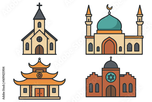Religious buildings icon set. Church, mosque, synagogue, temple vector collection. World religions architecture. Flat cartoon illustration of diverse places of worship and faith.