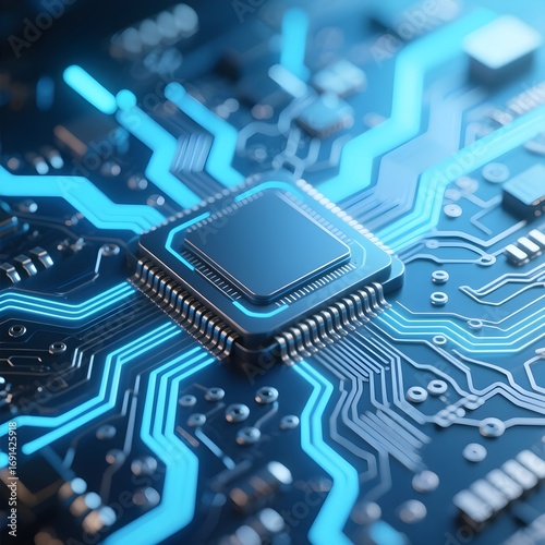Futuristic Microchip with Glowing Blue Circuits