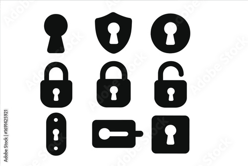 Security lock and keyhole icon set. Concept of privacy, protection, and access. Padlock open and closed. Key hole silhouette collection for web design, UI, UX and apps.