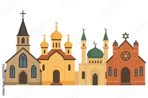 Diverse religious buildings vector illustration set. Church, mosque, synagogue. Concept of faith, culture, and architecture. World religions harmony and tolerance concept.