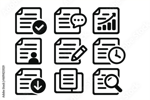 Document icon set. File management line icons. Collection of pictograms for business reports, data analysis, user profiles, editing, and search functions. Web UI UX glyphs.