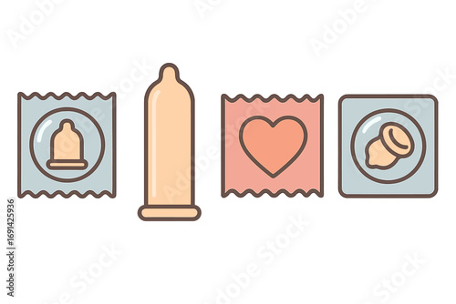 Condom vector icon set illustrating safe sex, contraception, and birth control. Flat cartoon collection of various condom packaging, wrapper, and latex shapes with heart icon.