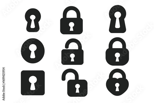 Keyhole and lock icon set. Vector symbols of security, privacy, safety, and protection. Collection of black locked and unlocked padlocks. Metaphor for data access and secrets.