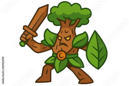 Forest guardian creature ready for battle. Tree warrior character mascot with wood sword and leaf shield. Fantasy monster for gaming. Vector cartoon flat illustration.