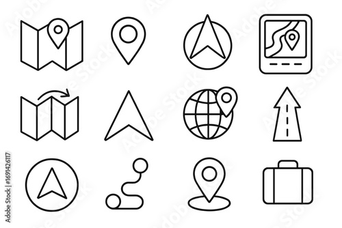 Map and navigation line icon set. GPS location pin, travel route, and destination direction signs. Vector guide symbols for a journey, trip, and tourism. Outline pictogram.