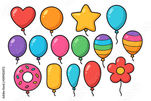Colorful cartoon balloons set for party and celebration. Vector collection of fun festive balloon shapes like heart, star, flower and donut. Isolated birthday decoration elements.