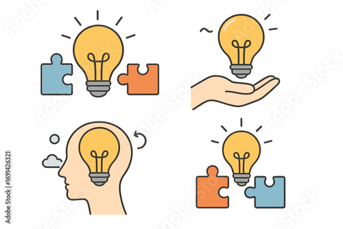 Creative problem solving icon set. Brainstorming, innovation and new idea concept. Light bulb in head, puzzle pieces solution. Teamwork, thinking, creativity symbol collection.