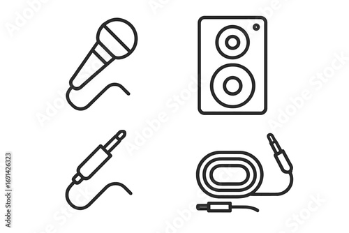 Music equipment outline icon set, microphone speaker audio cable instruments collection, vector cartoon illustration, sound system tools, transparent background, ordered icons