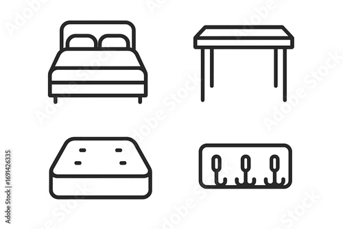 Furniture line icon set for web and app design. Vector collection of simple pictograms. Bed, table, mattress, coat hook. Home interior and household items outline symbols.