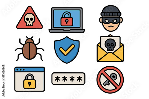 Cybersecurity icon set for digital security concepts. Internet safety and data protection vector illustration. Features hacker, virus, phishing, malware, and password symbols.