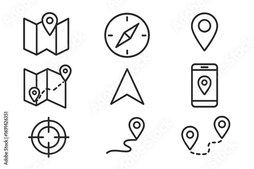 Navigation and GPS icon set with map, compass, location pins, route symbols, smartphone tracker, target and directional arrows in outline style, vector cartoon illustration transparent background