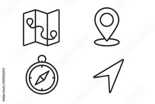 Navigation and GPS line icon set, map with route, compass, location pin, and navigation arrow symbols in outline style, vector cartoon illustration, transparent background, ordered set