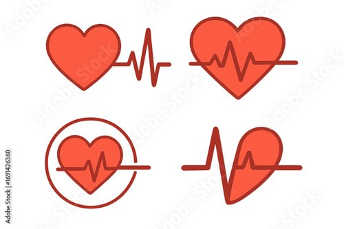 Heartbeat line with heart icon set. Pulse cardiogram beat. EKG, ECG signal. Medical health care, cardiology concept. Red flat vector logo for hospital, diagnostic.