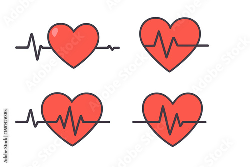 Heartbeat line and heart icon set. Pulse or cardiogram concept. ECG EKG medical wave. Cardiology, healthcare design element. Vector illustration for heart health and love.