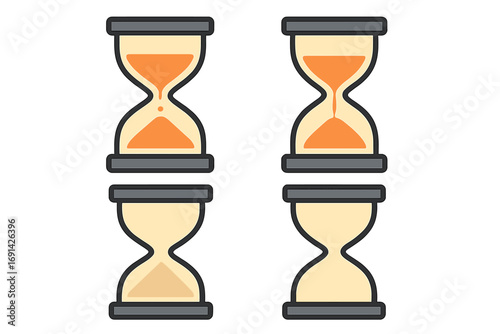 Hourglass vector icon set in flat style. Sandglass animation phases illustrating passage of time. Countdown, deadline, waiting concept. Sand clock timer cartoon illustration.