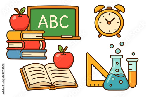 Back to school education concept. Cartoon vector icons. Classroom objects set with book, apple, chalkboard, ABC, clock, ruler and chemistry lab flask. Learning and knowledge.