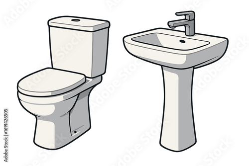 Modern bathroom furniture set with toilet bowl and washbasin. Vector cartoon illustration of sanitary fixtures. Minimalist restroom interior design elements. Ceramic lavatory.