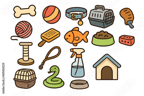 Pet care icon collection. Big set of colorful cartoon vector illustrations for animals. Dog, cat, fish, snake accessories. Toys, food, grooming tools, and carriers.