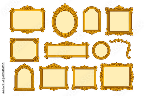 Elegant golden vintage frames set. Ornate baroque picture frame collection. Decorative antique gold borders. Classic luxury ornamental elements for design, mirror, or photo.