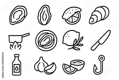 Oyster seafood line icon set, fresh seafood symbols, cooking outline icons, shellfish vector collection, cartoon style culinary illustrations, transparent background design
