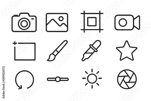 Photography media outline icon set with camera, photo editing tools, video camera, brush, color picker, star, refresh, brightness, and aperture vector cartoon illustration transparent background