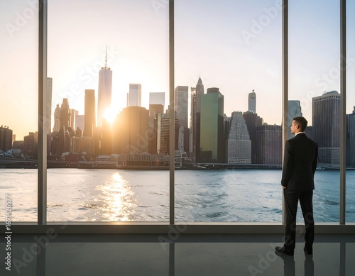 Businessman gazing at cityscape sunrise