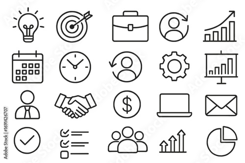 Line icon set for business and productivity. Includes concepts like strategy, finance, management, and marketing. Vector symbols for workflow, teamwork, and growth.