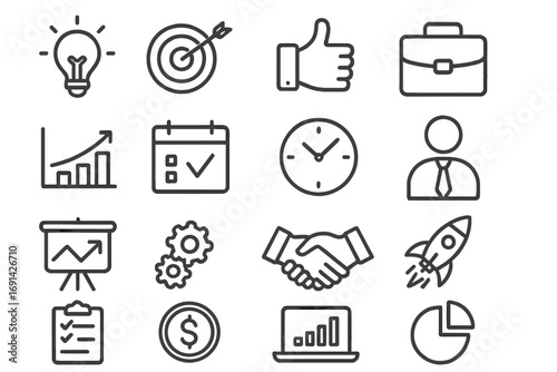Set of business and finance line icons. Startup, productivity, marketing concepts. Vector symbols for management, analysis, growth, idea, target, rocket, handshake.