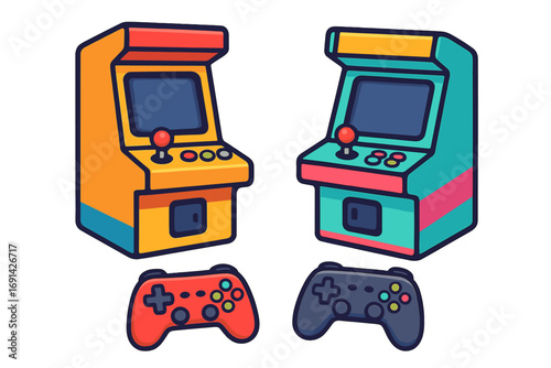 Retro gaming evolution concept. Nostalgic 80s arcade machine and modern game controller. Vintage video game icon set. Fun entertainment joystick and console vector cartoon.
