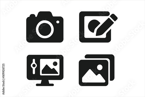 Photography tools solid icon set with camera, photo editing, image gallery, and desktop adjustment icons collection, vector cartoon illustration with transparent background