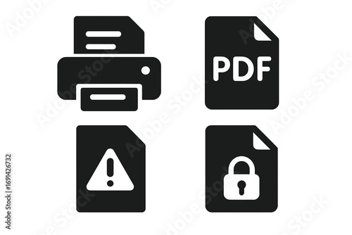 Printer and document management icon set in solid style, PDF file symbol, alert warning and locked document icons, vector cartoon illustration with transparent background, ordered set of 4