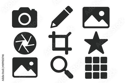 Photography tools solid icon set, camera editing and gallery icons, vector cartoon illustration with transparent background, creative photo design elements, ordered set