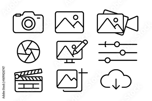Photography video editing linear icon set. Multimedia camera, film, and digital production symbols. Line art collection with clapperboard, shutter, and cloud download icons.