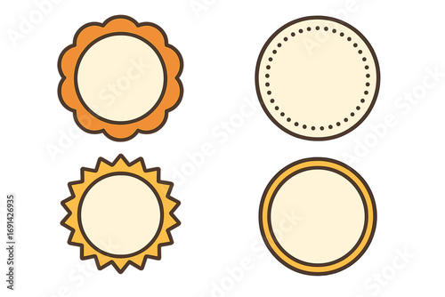 Set of blank retro labels, round tags and badges. Collection of vintage sticker frames with decorative edges for design and marking. Sunburst and scalloped circle shapes.
