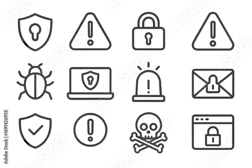 Security and alert line icon set, cyber protection symbols, warning icons, cyber security vector collection, shield, lock, bug, alert, email security, malware danger symbols, transparent background
