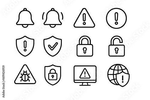 Security and alert line icon set, notification bell, protection shield, lock and unlock symbols, warning signs, bug alert, computer warning, global security concept, vector cartoon illustration