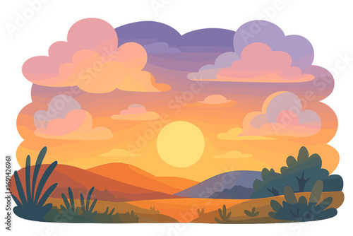 Pastel sunset sky over a serene landscape with glowing sun and colorful clouds. Beautiful nature scenery background. Vector cartoon illustration of hills at dusk or dawn.