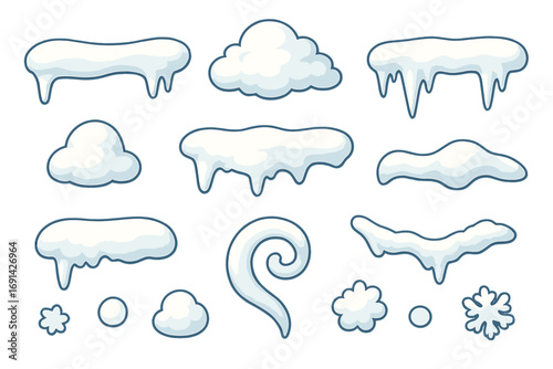 Cartoon snow caps and icicles vector set. Collection of winter snowdrifts, snowballs, and frozen elements for seasonal design. Snowy weather frost decoration assets.