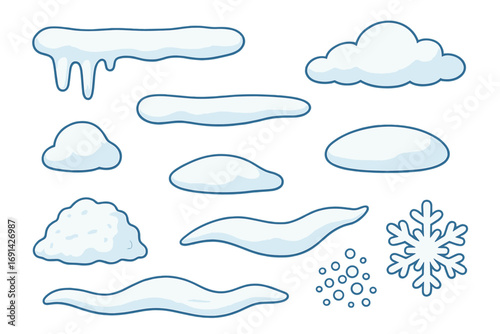 Winter snow elements set. Cartoon vector collection of snowdrifts, icicles, snow caps, and snowflake. Frozen ice clipart for seasonal Christmas and New Year decoration design.