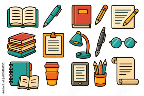 Writer and reader icon set. Cartoon collection of literary tools and stationery supplies. For book lovers, students, education, office. Book, pen, pencil, glasses, ebook.