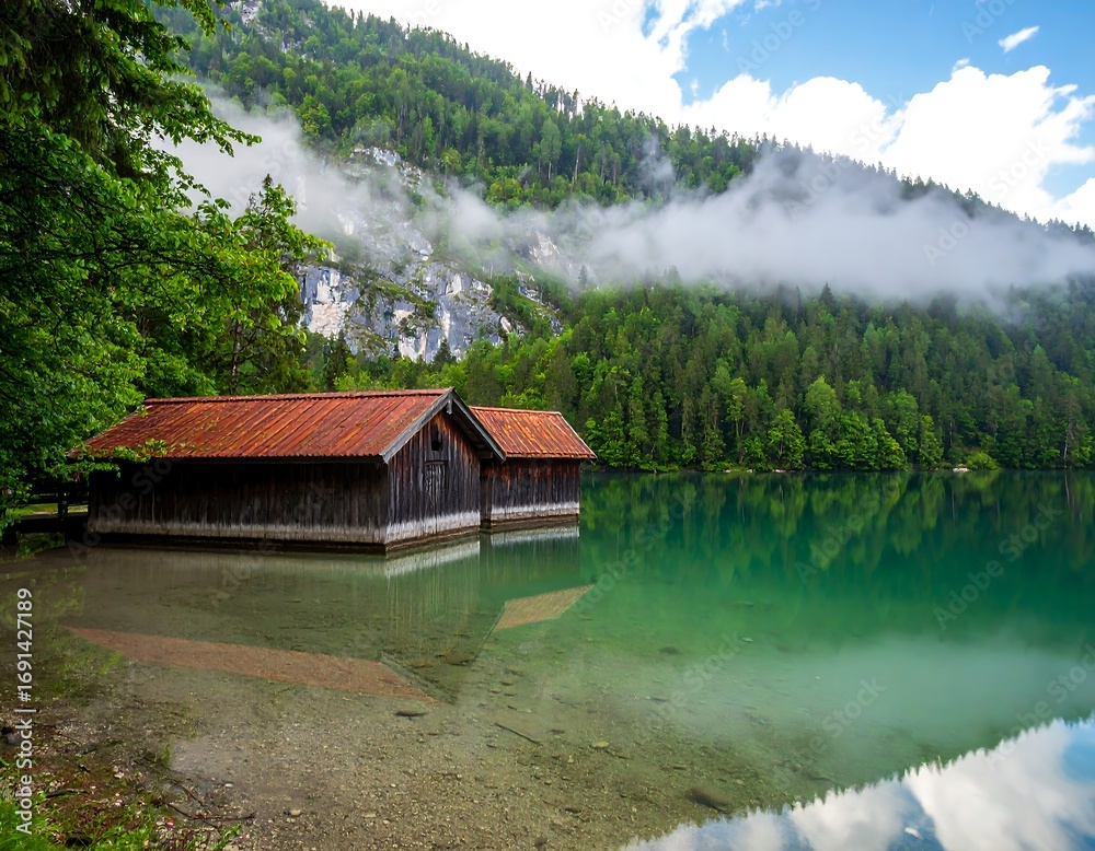 Fototapeta premium Lakeside cabins in a misty mountain setting
