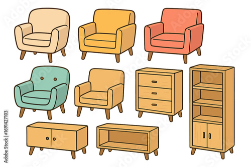 Vector cartoon furniture collection. Set of mid-century modern armchairs, cabinet, bookshelf, tv stand. Retro scandi interior design elements for home decor isolated.