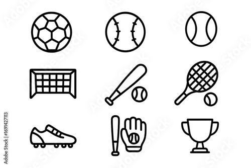 Sports and recreation outline icon set with soccer, baseball, tennis equipment, bat, glove, goal, cleats, trophy, and balls in vector line cartoon style with transparent background
