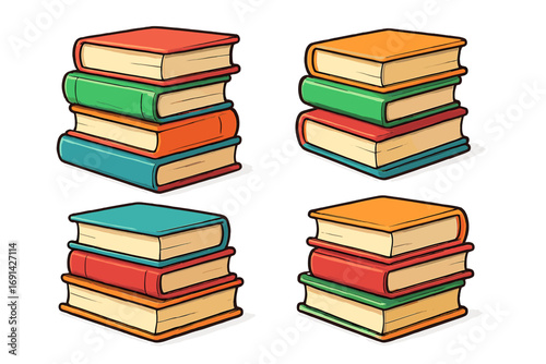 Set of colorful book stacks vector illustration. Education, learning, and knowledge concept. Library or school book pile icon. Textbooks for reading, study, literature.