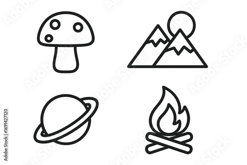 Simple line icon set for nature, travel, and space exploration. Vector collection with mushroom, mountains, planet, and bonfire symbols for web, apps, or infographic design.